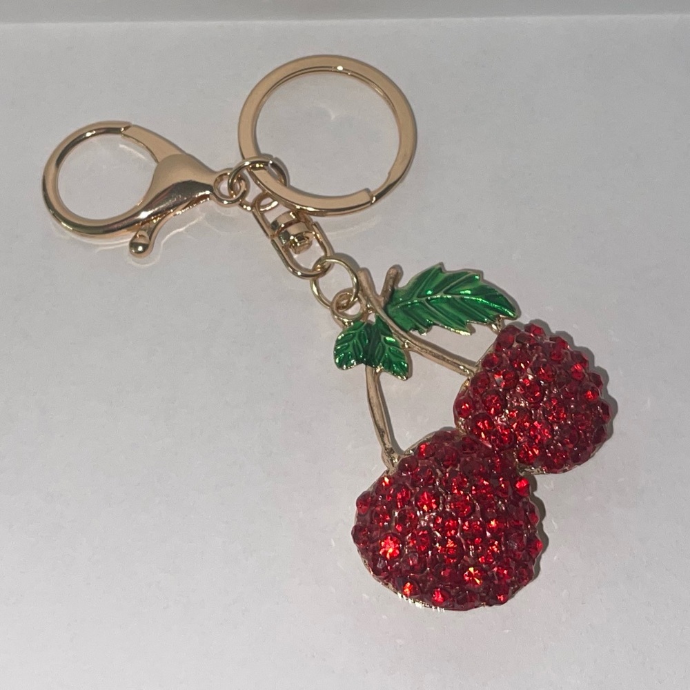 Cherry rhinestone red gold toned Key Chain with Clip NIP GIFTABLE